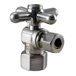 1/4-Turn Cross Handle Angle Stop Shut Off Valve, 1/2" IPS x 3/8" OD Compression Outlet, Satin Nickel