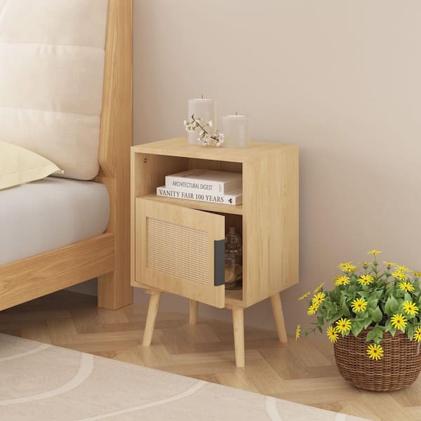 22.83 in. H Rattan Nightstand, Side Table with Door Open Shelf, Accent Bedside End Table with Solid Wood Legs in Oak