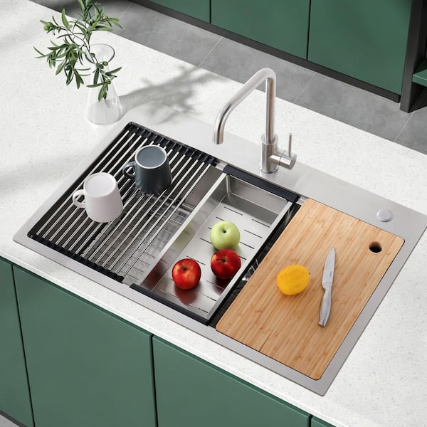 33 in. L x 22 in. W Drop-In Single Bowl 20-Gauge Brushed Stainless Steel Kitchen Sink with Accessories