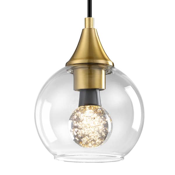 Modern 6 in. 1-Light Gold Mini Pendant Light with Round Clear Glass Shade, Crystal Bulb Included