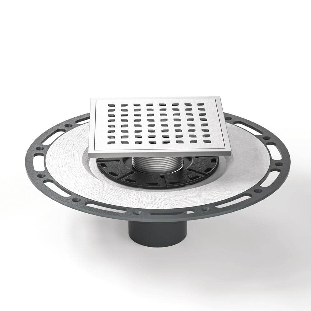 6" Square Brushed Stainless Steel Shower Drain with PVC Flange