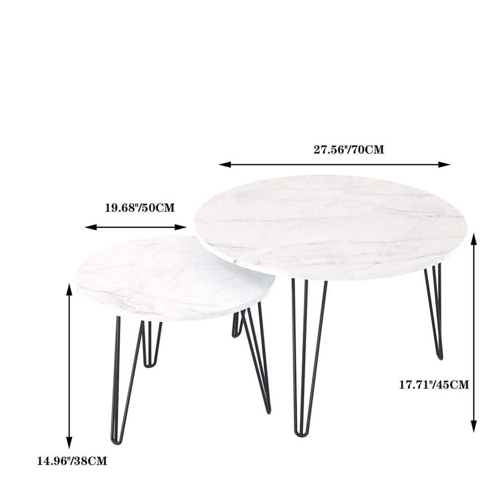 White Faux Marble Round Nesting Coffee Table Set with Metal Legs