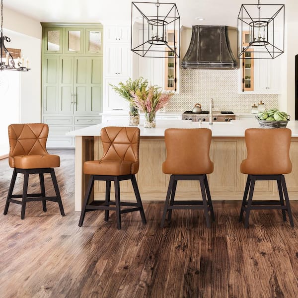 OrangeOne Hampton 26 in. Whiskey Brown Solid Wood Frame Counter Stool with Faux Leather Upholstered Swivel Bar Stool Set of 4