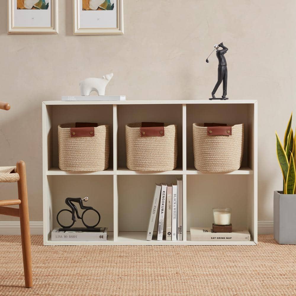 Set of 3 Beige Woven Cotton Rope Storage Baskets with Leather Handles