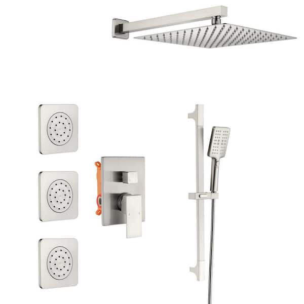 GIVING TREE 5-Spray Patterns 12 in. Wall Mount Dual Shower Heads 3-Jet Slide Bar Hand-Shower Mixed Shower System in Brushed Nickel