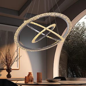 24 in. Modern 38-Watt Integrated LED Light Chrome Crystal Chandelier 2 Rings Round DIY Pendant Light for Dining Room