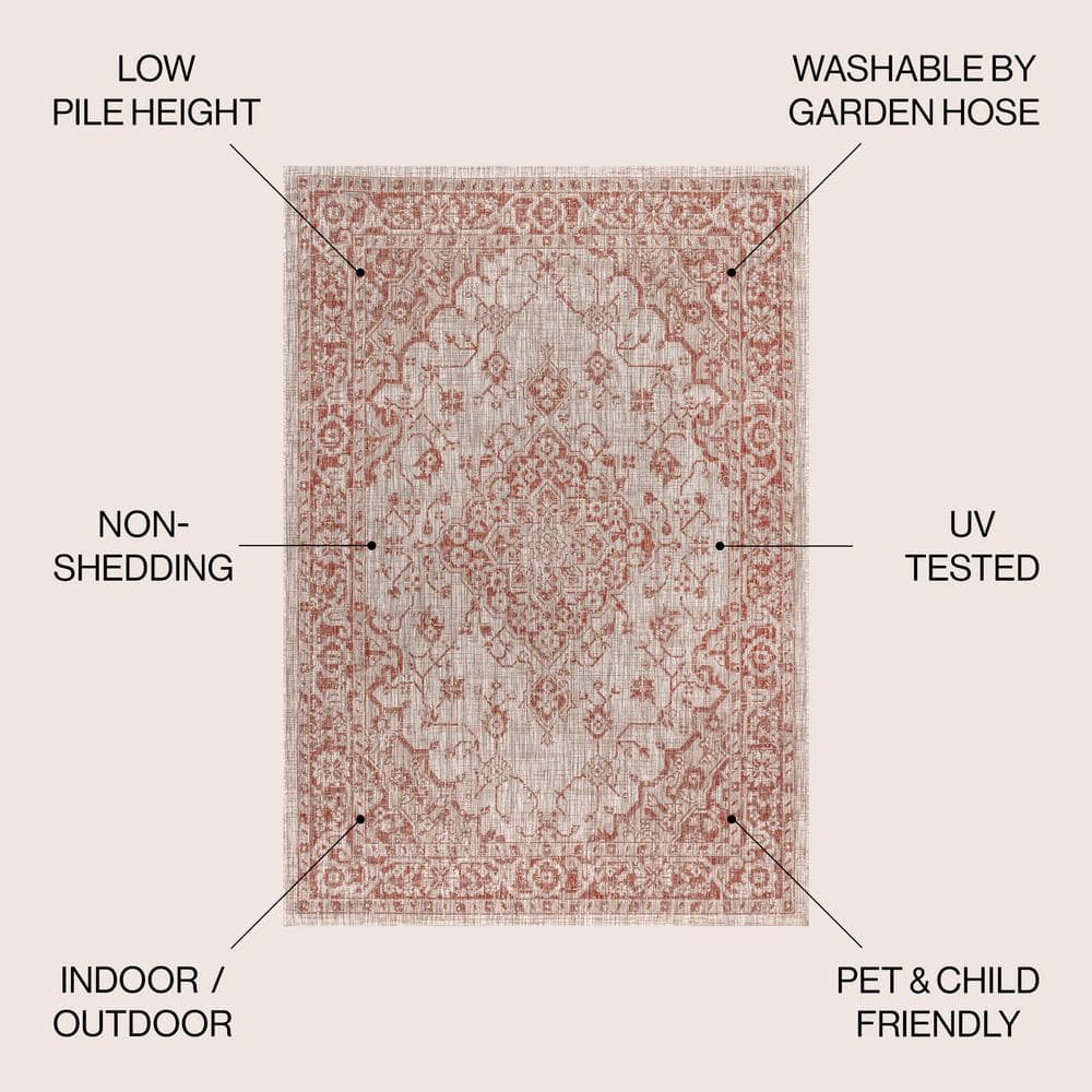 Rozetta 3' x 5' Red and Taupe Synthetic Medallion Area Rug