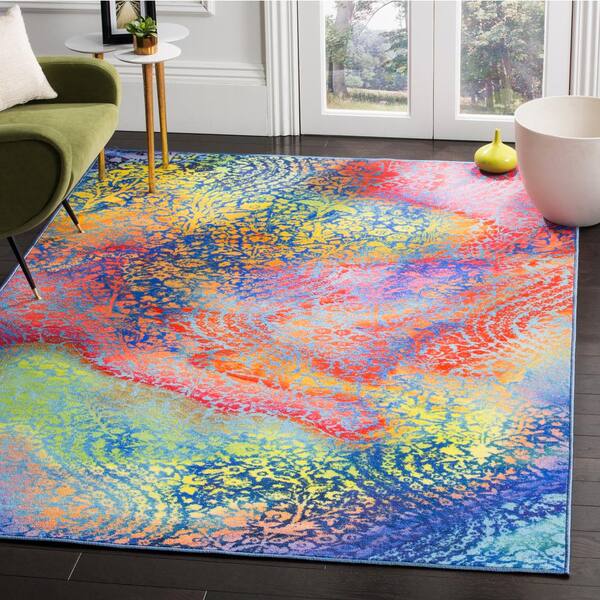 Paint Brush Blue/Coral 7 ft. x 7 ft. Machine Washable Abstract Wavy Watercolor Square Area Rug