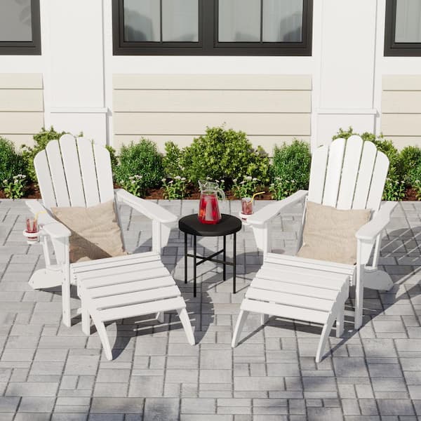 Aderson 4-Piece All Weather Outdoor White Plastic Adirondack Cup Holder Chair with Ottoman Patio Conversation Set