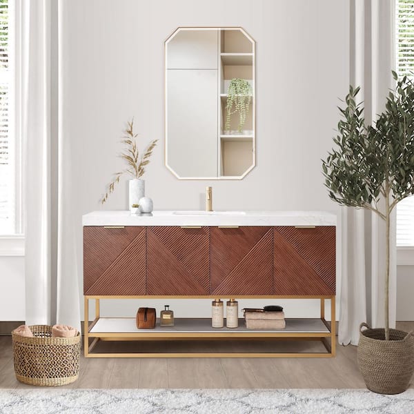 ROSWELL Mahon 60 in.W x 22 in.D x 33.9 in.H Single Sink Bath Vanity in Walnut with White Grain Composite Stone Top