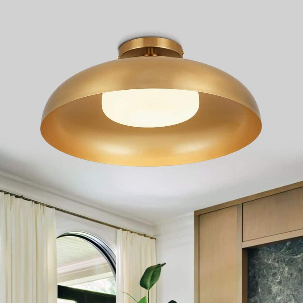 Dome Light Fixture HUOKU Lumin 1-Light 15.7 in.W Brass Integrated LED Semi-Flush Mount ...