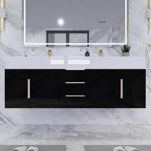 Bethany 59 in. W. x 20 in. D x 22 in. H Double Sink Floating Bath Vanity in Gloss Black with White Acrylic Top
