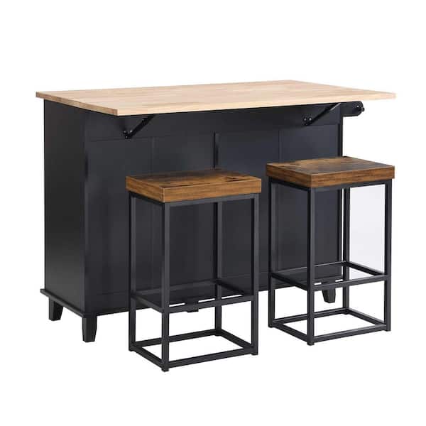 Polibi 50.3 in. W 3-Piece Farmhouse Black Wood Top Kitchen Island Set Seats 2