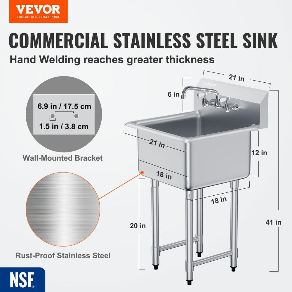 VEVOR 21'' Stainless Steel Free Standing Utility Sink with Faucet