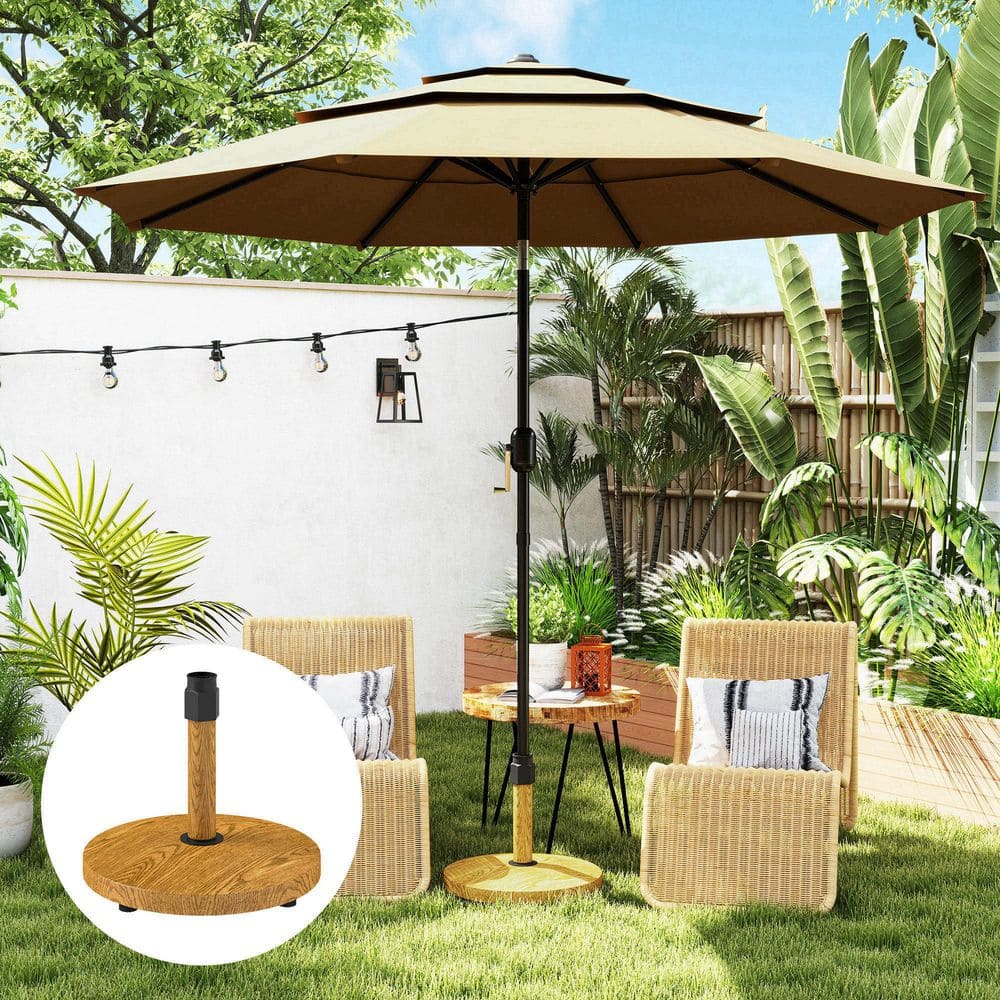 Natural Wood and Concrete Patio Umbrella Base with Wheels