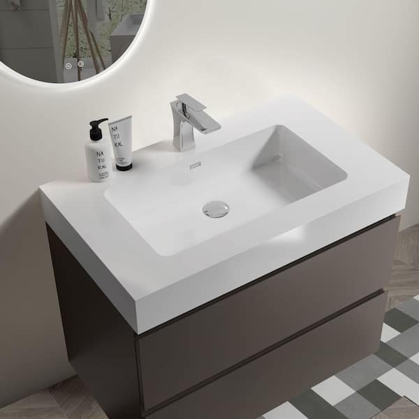 30 in. Single Sink Wall Mounted Gray Bath Vanity with White Solid Surface Top Pre-assembled