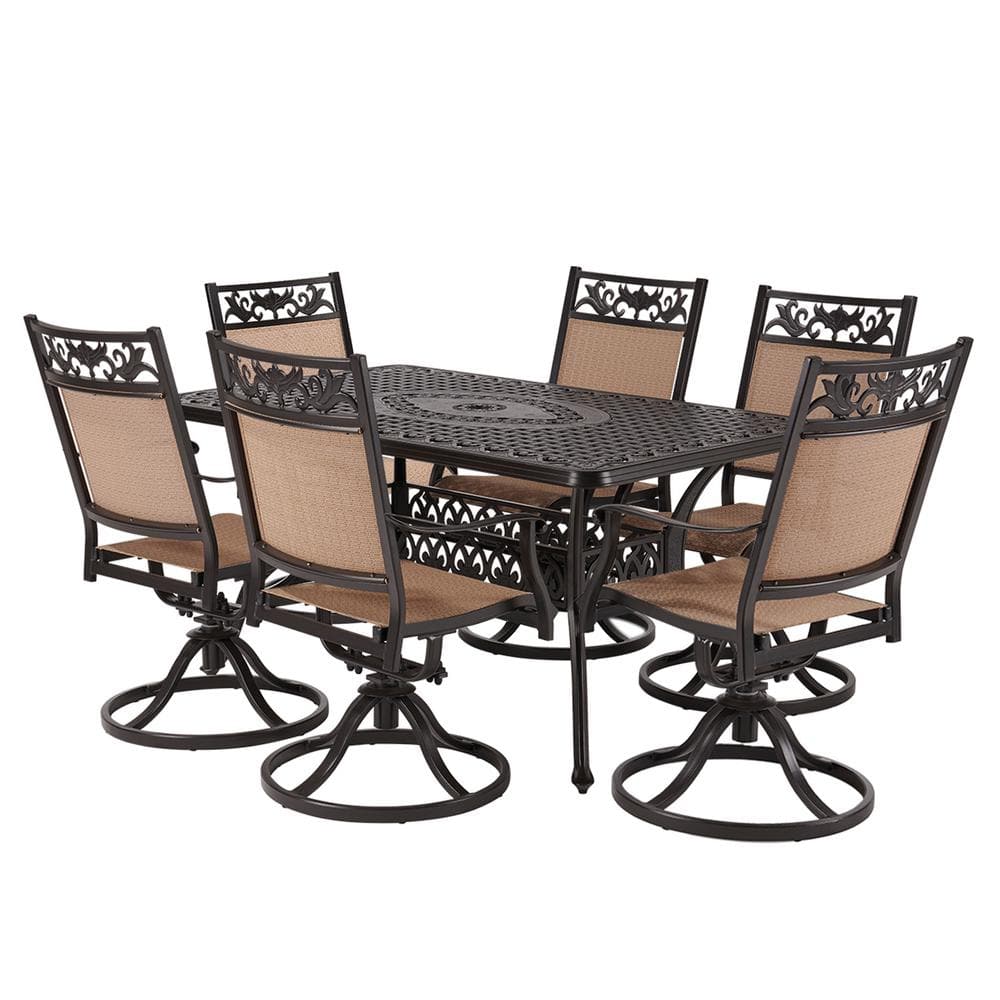Laurel Canyon Outdoor Patio Dining Set 7 Piece Cast Aluminum Furniture Dark Brown 6 Stackable Chairs with Cushions 36 x 60 Rectangular Table for Yard Garden Deck