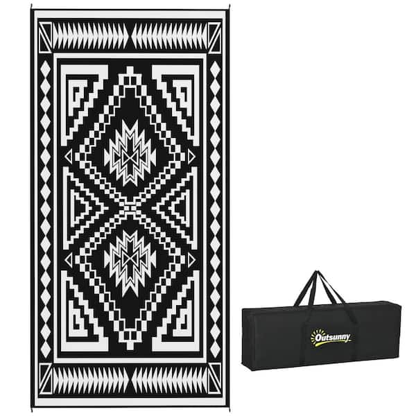 Outsunny Black and White Square Patchwork 9 ft. x 18 ft. Waterproof Plastic Straw Floor Mat Large Reversible Outdoor Rug Area Rug