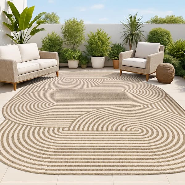 Margot Modern Geometric Arch Stripe Beige/Brown 8 ft. x 10 ft. Indoor/Outdoor Shaped Area Rug