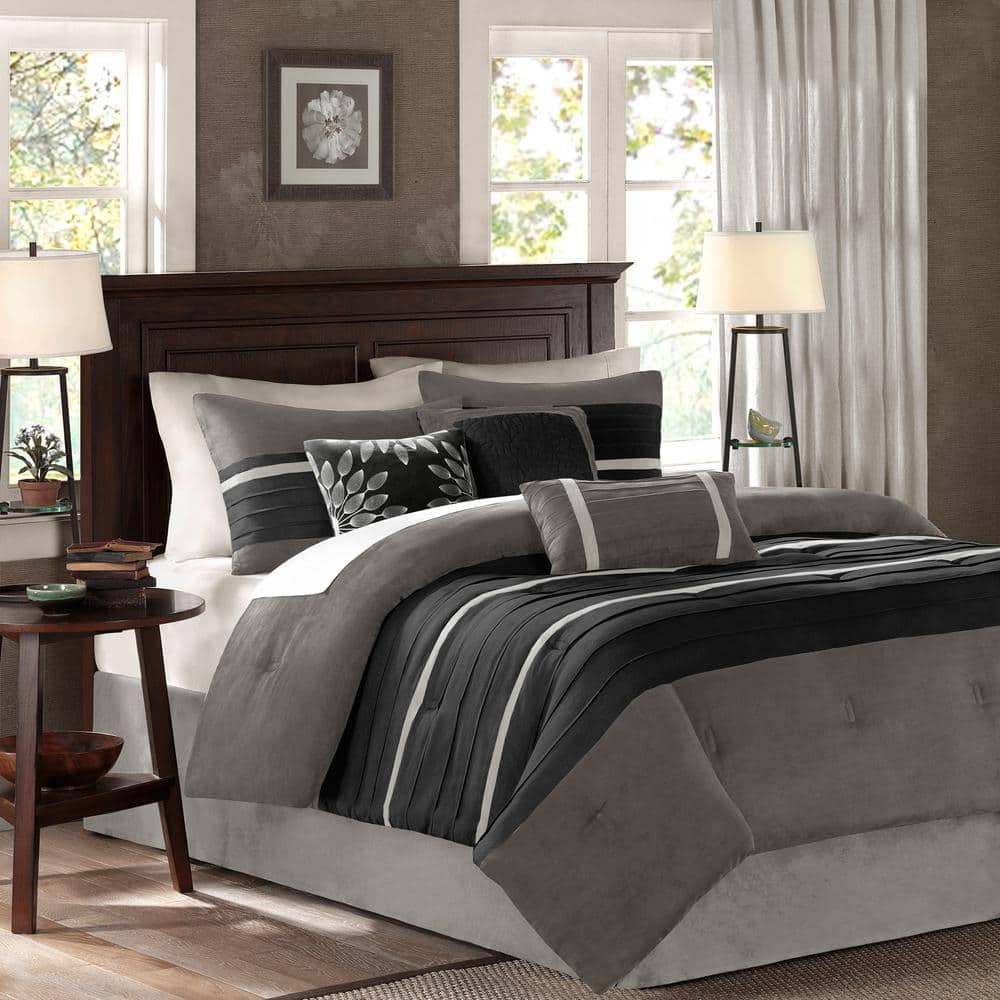 7 Piece King Luxury microfiber Dark Gray Oversized Bedroom Comforter Sets