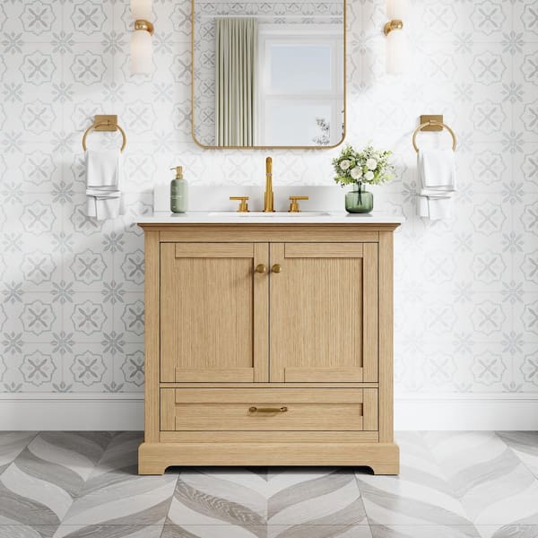 36 in. Freestanding Solid Wood Oak Bath Vanity with White Cultured Marble Top Assembled, Soft-close Door and Drawer