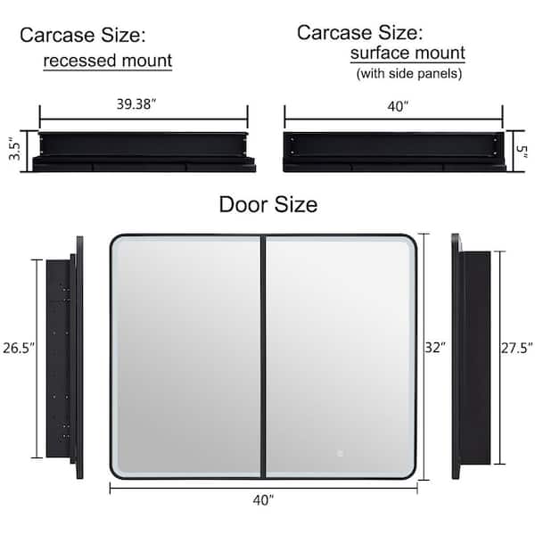 grossag 40 in. W x 32 in. H Rectangular LED Metal Medicine Cabinet with Mirror and Built-In Defogger