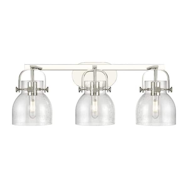 Innovations Pilaster II Bell 26.5 in. 3-Light Polished Nickel Vanity Light with Glass Shade