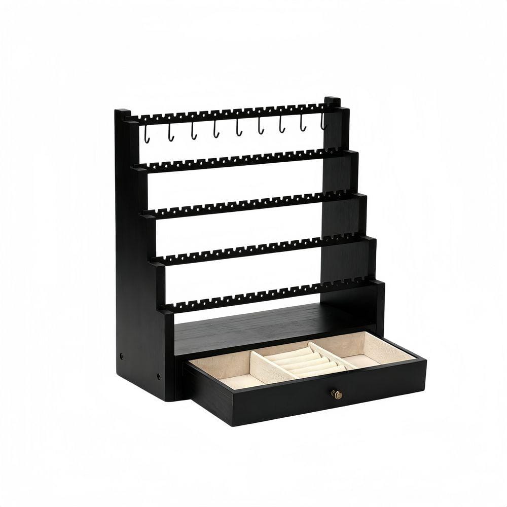 Black 12 in. x 11.5 in. Wooden Jewelry Organizer - Holds Necklaces, Bracelets, Earrings, Rings, and More