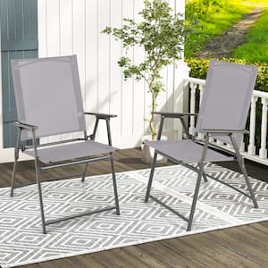2-Piece Grey Folding Portable Outdoor Dining Chairs Metal Frame Armrests Outdoor