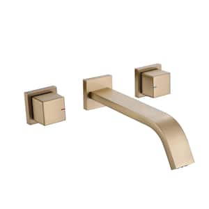Double Handle Wall Mounted Bathroom Faucet with Valve 3 Hole Brass Bathroom Sink Taps in Brushed Gold