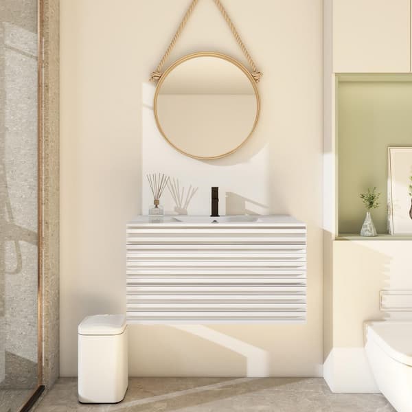 eclife 36 in. W x 18.3 in. D x 19.7 in. H Floating 1-Sink Bath Vanity in White with White Ceramic Top and Drain Faucet Set