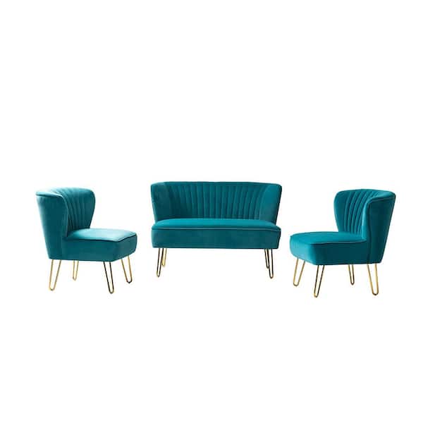 JAYDEN CREATION Alonzo 45 in. 3-Piece Blue Living Room Set with Tufted Back Design