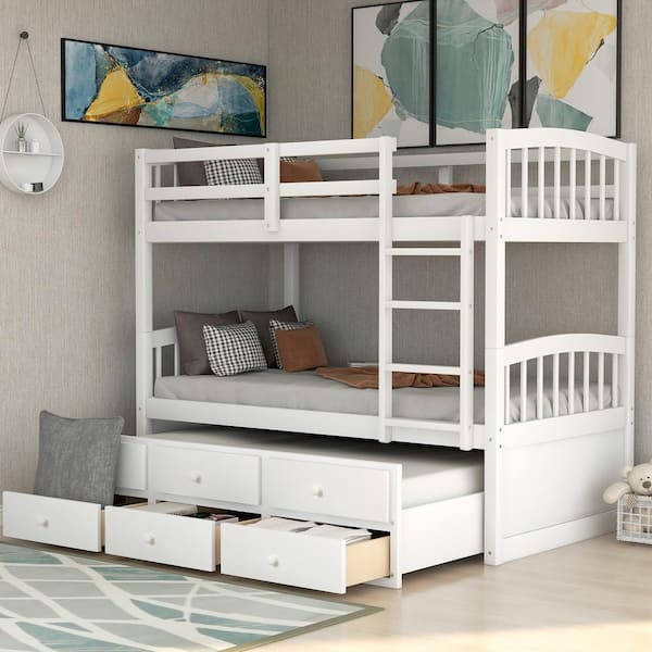 Harper & Bright Designs White Twin Over Twin Wooden Bunk Bed with Twin Trundle, Ladder, Safety Rails, 3 Drawers