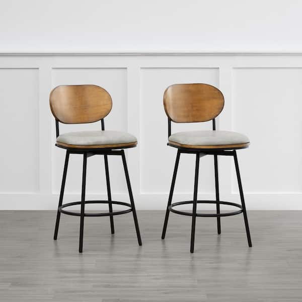 Aloysius 27 in. Grey High Back Bar Stools Metal Swivel Counter Stools with leather Seat (Set of 2)