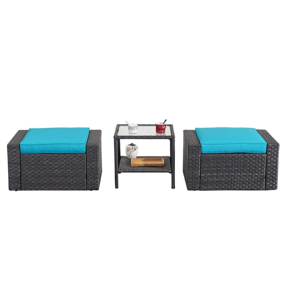 Black Wicker Outdoor Ottomans Patio Conversation Sets with Blue Cushions an