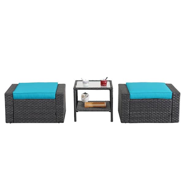 Anvil Black Wicker Outdoor Ottomans Patio Conversation Sets with Blue Cushions and Glass Coffee Table (2-Pack)
