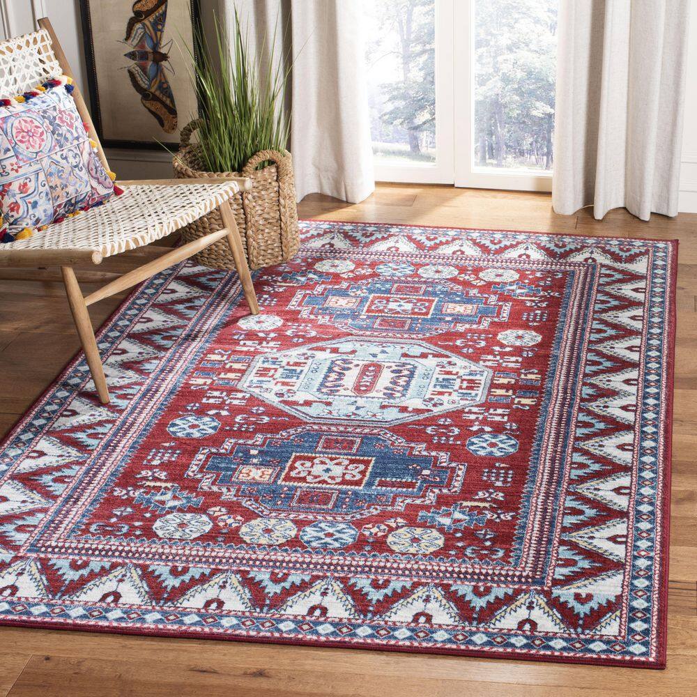 Kazak Red and Blue 4' x 6' Synthetic Area Rug