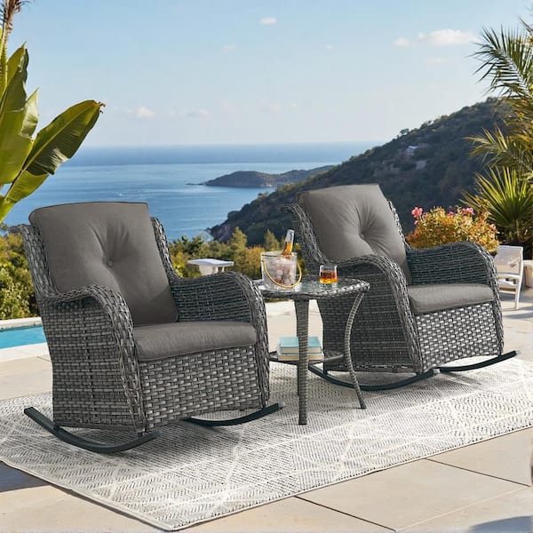 Outdoor Gray Wicker Outdoor Rocking Chair with CushionGuard Gray Cushions Patio (Set 2-Pack)