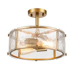 12.8 in. 2-Light Gold Modern/Contemporary Semi-Flush Mount Ceiling Light with Textured Glass Shade