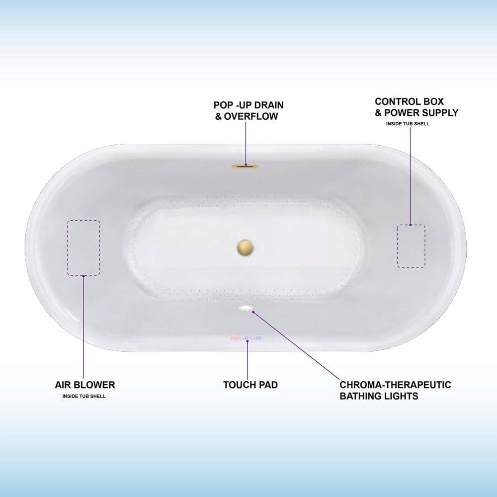 67'' White Acrylic Freestanding Air Soaking Bathtub with Brushed Gold Trim