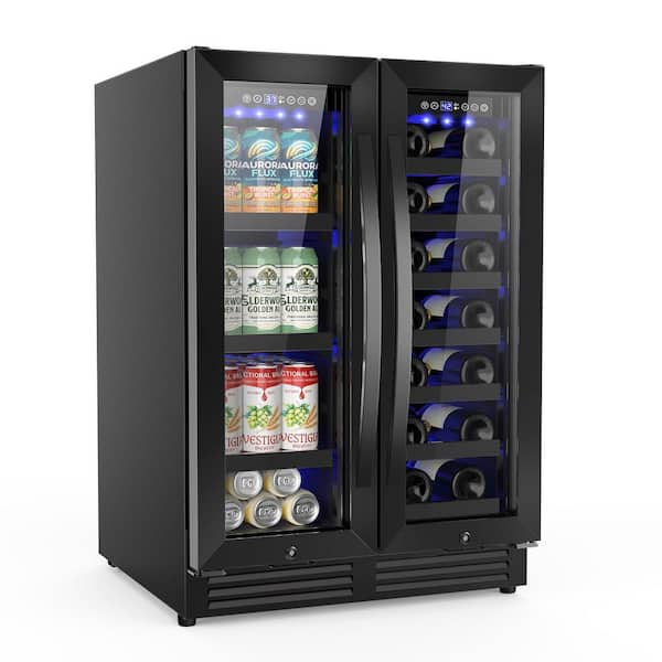23.42 in. Dual Zone 20-Bottle and 86-Can Wine and Beverage Refrigerator with French Door and Four Door Handles in Black