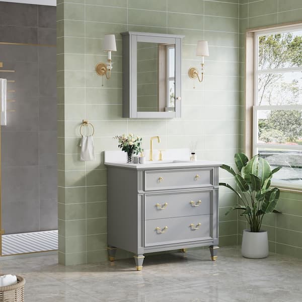 ANGELES HOME 36 in. W Assembled Solid Wood Bathroom Vanity Medicine Cabinet, White Quartz Top, Gray