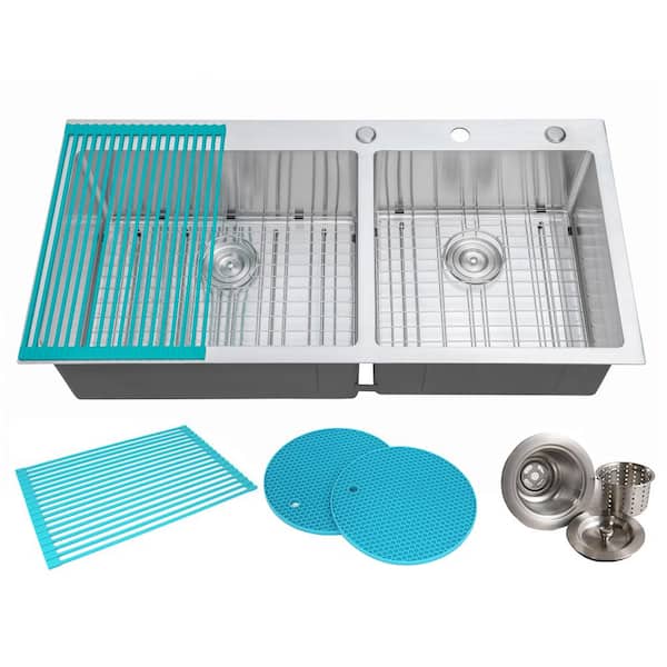 Drop-in Top Mount 16-Gauge Stainless Steel 42-7/8 in x 21-1/2 in x 10 in 60/40 Offset Double Bowl Kitchen Sink Combo