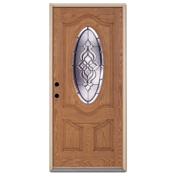 Feather River Doors 37.5 in. x 81.625 in. Lakewood Zinc 3/4 Oval Lite Stained Medium Oak Fiberglass Prehung Front Door