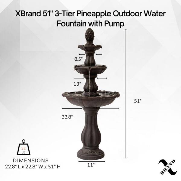 Fountainmサイズ XBRAND XBrand 51 in. Brown 3-Tier Pineapple Water Fountain with