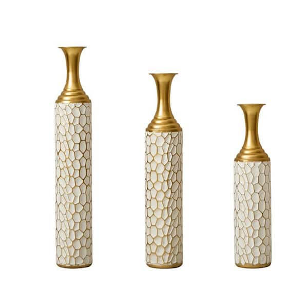 Miscool Avex 24/30/33 in. H Gold White Metal Cylinder Decorative Vase Set (3-Pieces)