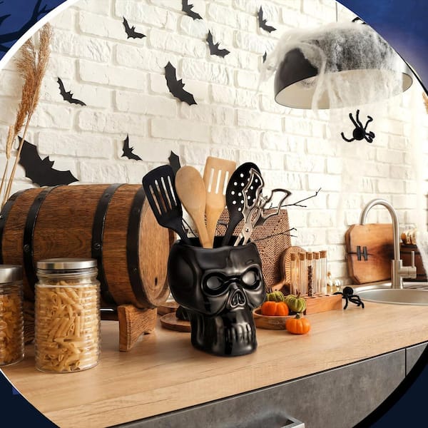 Black Ceramic Skull Utensil Holder for Kitchen, Large Capacity Skull Skeleton Storage Holder for Halloween Decoration