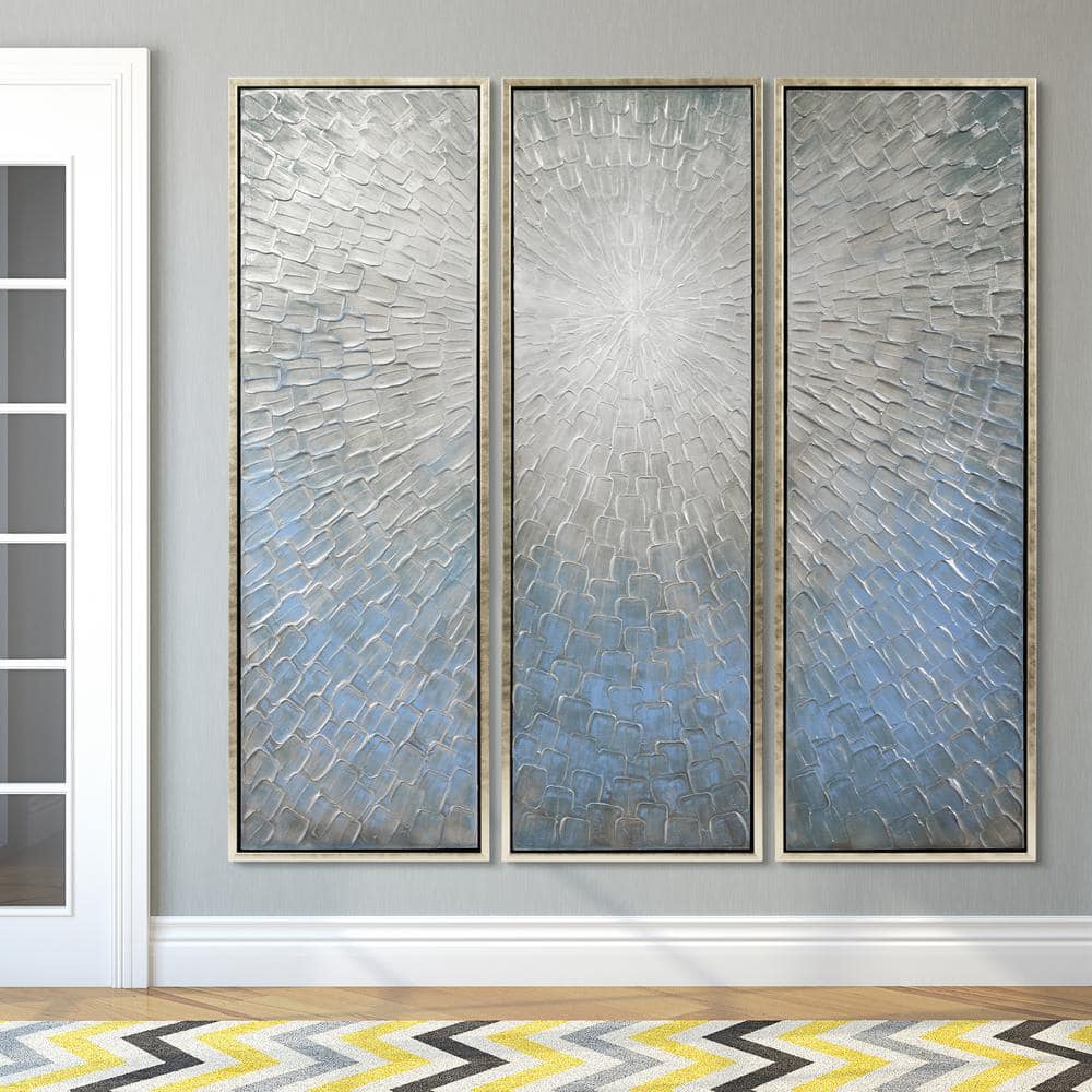 Silver Ice 60" Textured Hand-Painted Abstract Canvas Triptych