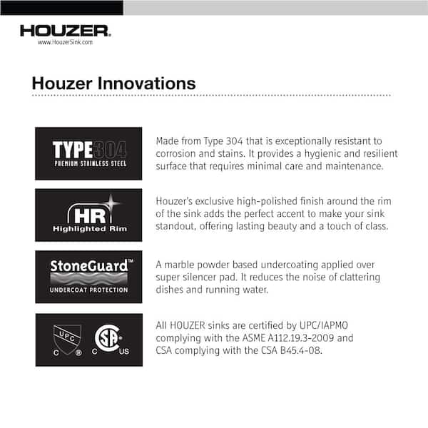 HOUZER - Houzer Glowtone 17 in. Stainless Steel Topmount 3-hole Single Bowl Bar Sink with Strainer - A1722-7BS-1