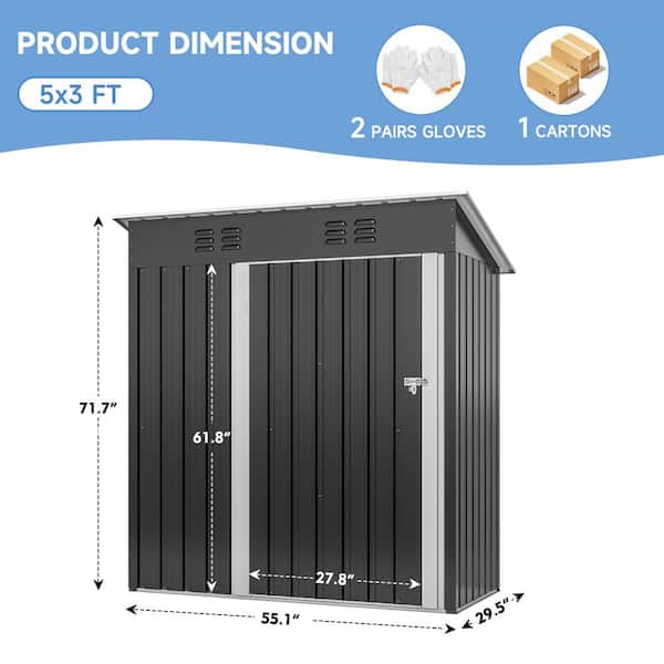 VIWAT 5 ft. W x 3 ft. D Metal Outdoor Storage Shed with Lockable